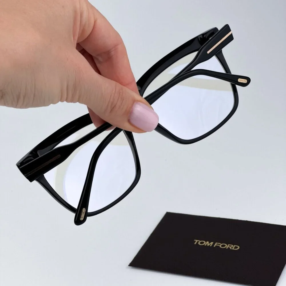 Tom Ford FT5768-B 001 BRAND NEW Eyeglasses Shiny Black Blue Block Square Women